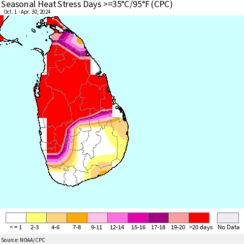 Sri Lanka Seasonal Heat Stress Days >=35°C/95°F (CPC) Thematic Map For 10/1/2023 - 4/30/2024