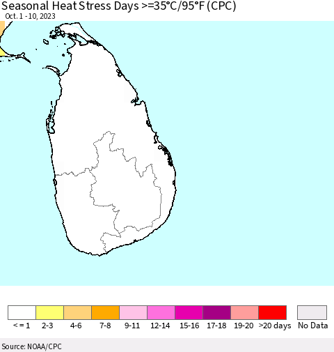 Sri Lanka Seasonal Heat Stress Days >=35°C/95°F (CPC) Thematic Map For 10/1/2023 - 10/10/2023