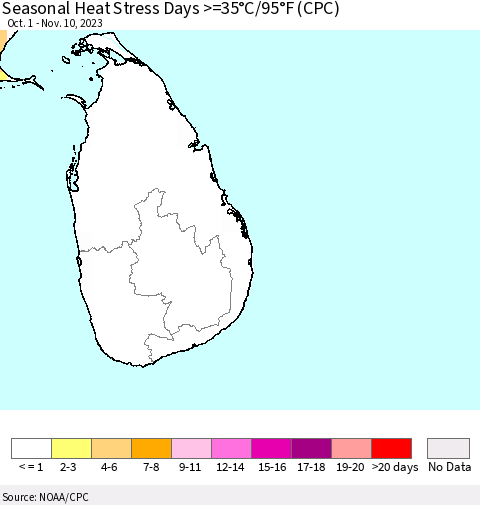 Sri Lanka Seasonal Heat Stress Days >=35°C/95°F (CPC) Thematic Map For 10/1/2023 - 11/10/2023