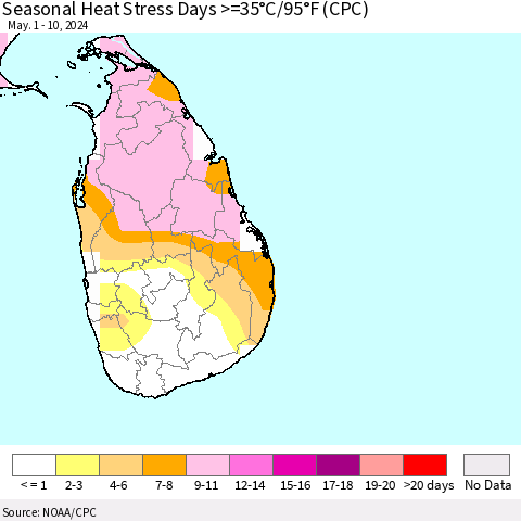 Sri Lanka Seasonal Heat Stress Days >=35°C/95°F (CPC) Thematic Map For 5/1/2024 - 5/10/2024