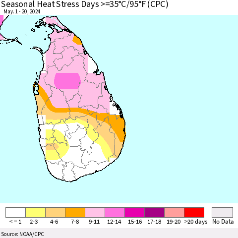 Sri Lanka Seasonal Heat Stress Days >=35°C/95°F (CPC) Thematic Map For 5/1/2024 - 5/20/2024