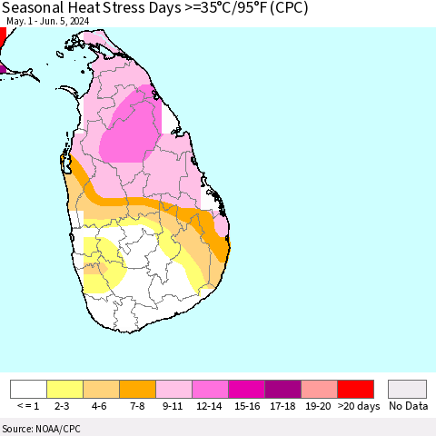 Sri Lanka Seasonal Heat Stress Days >=35°C/95°F (CPC) Thematic Map For 5/1/2024 - 6/5/2024