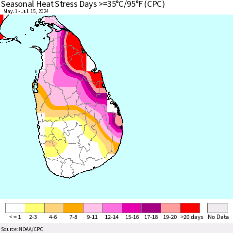 Sri Lanka Seasonal Heat Stress Days >=35°C/95°F (CPC) Thematic Map For 5/1/2024 - 7/15/2024