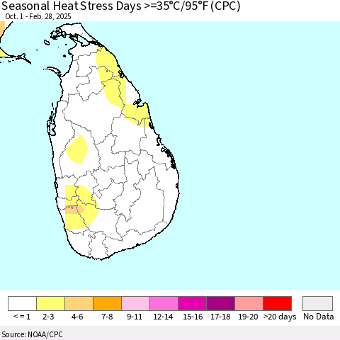 Sri Lanka Seasonal Heat Stress Days >=35°C/95°F (CPC) Thematic Map For 10/1/2024 - 2/28/2025