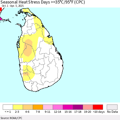 Sri Lanka Seasonal Heat Stress Days >=35°C/95°F (CPC) Thematic Map For 10/1/2024 - 4/5/2025