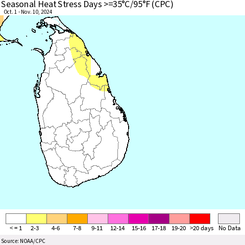 Sri Lanka Seasonal Heat Stress Days >=35°C/95°F (CPC) Thematic Map For 10/1/2024 - 11/10/2024