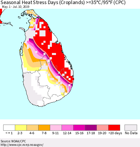 Sri Lanka Seasonal Heat Stress Days (Croplands) >=35°C/95°F (CPC) Thematic Map For 5/1/2019 - 7/10/2019