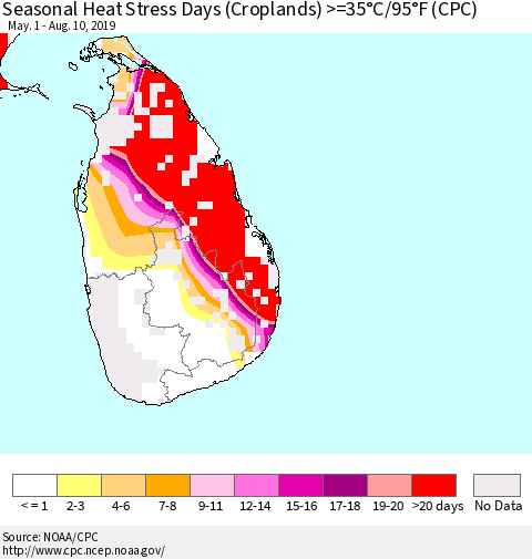 Sri Lanka Seasonal Heat Stress Days (Croplands) >=35°C/95°F (CPC) Thematic Map For 5/1/2019 - 8/10/2019