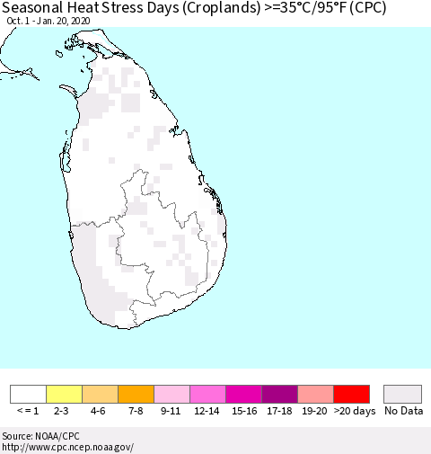 Sri Lanka Seasonal Heat Stress Days (Croplands) >=35°C/95°F (CPC) Thematic Map For 10/1/2019 - 1/20/2020
