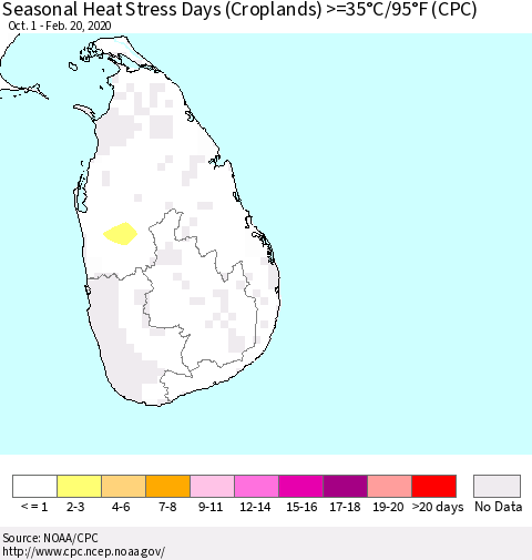 Sri Lanka Seasonal Heat Stress Days (Croplands) >=35°C/95°F (CPC) Thematic Map For 10/1/2019 - 2/20/2020