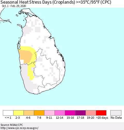 Sri Lanka Seasonal Heat Stress Days (Croplands) >=35°C/95°F (CPC) Thematic Map For 10/1/2019 - 2/29/2020