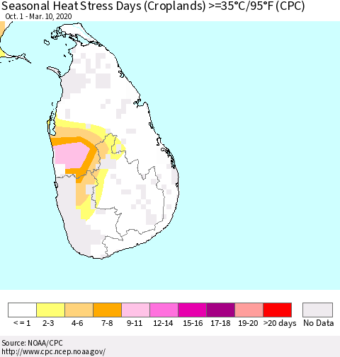 Sri Lanka Seasonal Heat Stress Days (Croplands) >=35°C/95°F (CPC) Thematic Map For 10/1/2019 - 3/10/2020