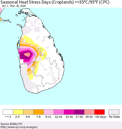 Sri Lanka Seasonal Heat Stress Days (Croplands) >=35°C/95°F (CPC) Thematic Map For 10/1/2019 - 3/20/2020