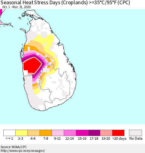 Sri Lanka Seasonal Heat Stress Days (Croplands) >=35°C/95°F (CPC) Thematic Map For 10/1/2019 - 3/31/2020