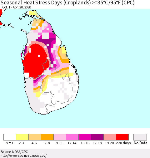 Sri Lanka Seasonal Heat Stress Days (Croplands) >=35°C/95°F (CPC) Thematic Map For 10/1/2019 - 4/20/2020