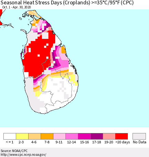 Sri Lanka Seasonal Heat Stress Days (Croplands) >=35°C/95°F (CPC) Thematic Map For 10/1/2019 - 4/30/2020