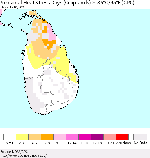 Sri Lanka Seasonal Heat Stress Days (Croplands) >=35°C/95°F (CPC) Thematic Map For 5/1/2020 - 5/10/2020