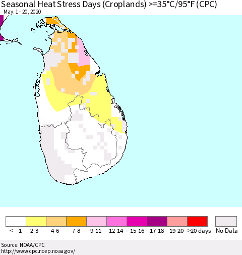 Sri Lanka Seasonal Heat Stress Days (Croplands) >=35°C/95°F (CPC) Thematic Map For 5/1/2020 - 5/20/2020