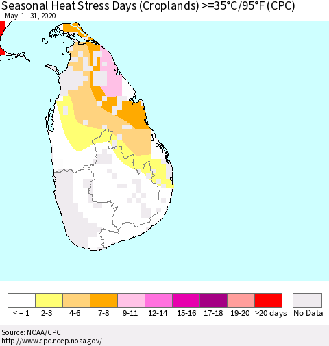Sri Lanka Seasonal Heat Stress Days (Croplands) >=35°C/95°F (CPC) Thematic Map For 5/1/2020 - 5/31/2020