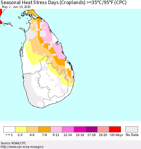 Sri Lanka Seasonal Heat Stress Days (Croplands) >=35°C/95°F (CPC) Thematic Map For 5/1/2020 - 6/10/2020