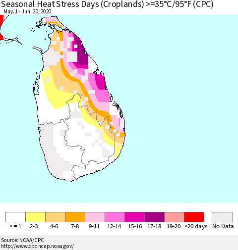Sri Lanka Seasonal Heat Stress Days (Croplands) >=35°C/95°F (CPC) Thematic Map For 5/1/2020 - 6/20/2020