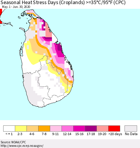 Sri Lanka Seasonal Heat Stress Days (Croplands) >=35°C/95°F (CPC) Thematic Map For 5/1/2020 - 6/30/2020