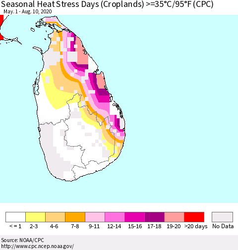 Sri Lanka Seasonal Heat Stress Days (Croplands) >=35°C/95°F (CPC) Thematic Map For 5/1/2020 - 8/10/2020