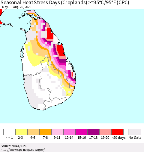 Sri Lanka Seasonal Heat Stress Days (Croplands) >=35°C/95°F (CPC) Thematic Map For 5/1/2020 - 8/20/2020
