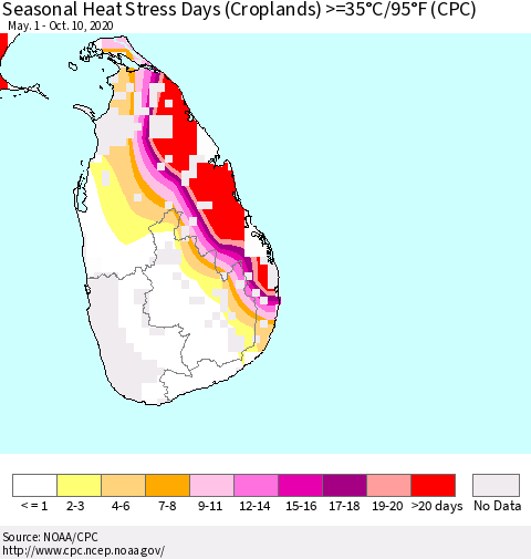 Sri Lanka Seasonal Heat Stress Days (Croplands) >=35°C/95°F (CPC) Thematic Map For 5/1/2020 - 10/10/2020