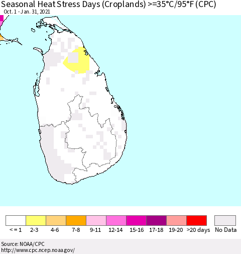 Sri Lanka Seasonal Heat Stress Days (Croplands) >=35°C/95°F (CPC) Thematic Map For 10/1/2020 - 1/31/2021