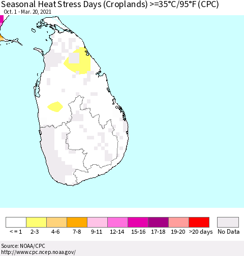 Sri Lanka Seasonal Heat Stress Days (Croplands) >=35°C/95°F (CPC) Thematic Map For 10/1/2020 - 3/20/2021