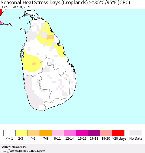 Sri Lanka Seasonal Heat Stress Days (Croplands) >=35°C/95°F (CPC) Thematic Map For 10/1/2020 - 3/31/2021