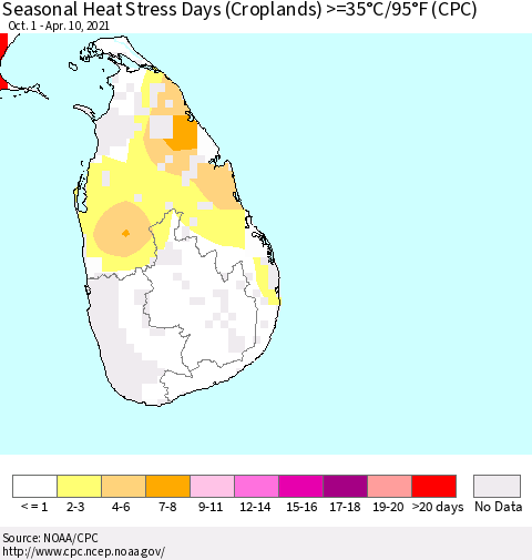 Sri Lanka Seasonal Heat Stress Days (Croplands) >=35°C/95°F (CPC) Thematic Map For 10/1/2020 - 4/10/2021