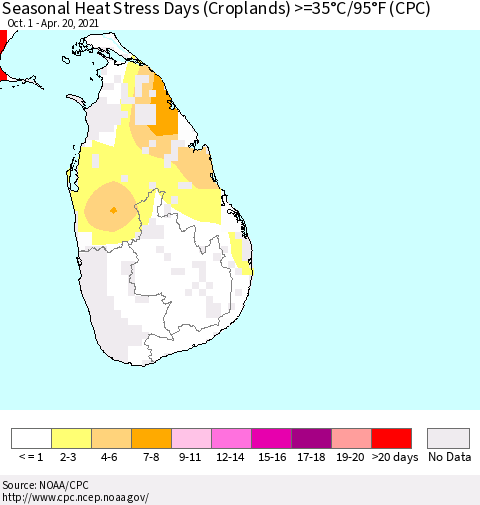 Sri Lanka Seasonal Heat Stress Days (Croplands) >=35°C/95°F (CPC) Thematic Map For 10/1/2020 - 4/20/2021