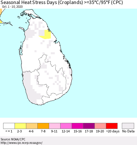 Sri Lanka Seasonal Heat Stress Days (Croplands) >=35°C/95°F (CPC) Thematic Map For 10/1/2020 - 10/10/2020