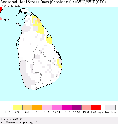 Sri Lanka Seasonal Heat Stress Days (Croplands) >=35°C/95°F (CPC) Thematic Map For 5/1/2021 - 5/31/2021