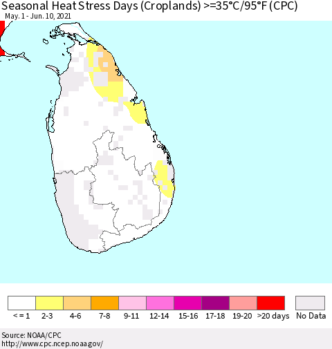 Sri Lanka Seasonal Heat Stress Days (Croplands) >=35°C/95°F (CPC) Thematic Map For 5/1/2021 - 6/10/2021