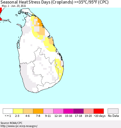 Sri Lanka Seasonal Heat Stress Days (Croplands) >=35°C/95°F (CPC) Thematic Map For 5/1/2021 - 6/20/2021