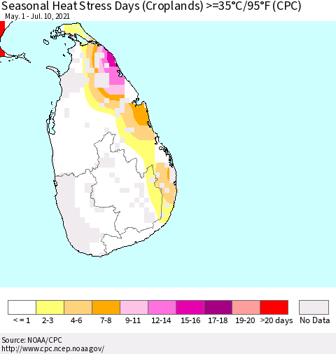 Sri Lanka Seasonal Heat Stress Days (Croplands) >=35°C/95°F (CPC) Thematic Map For 5/1/2021 - 7/10/2021