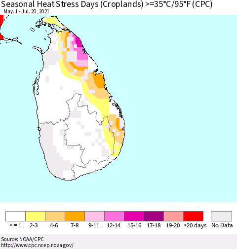 Sri Lanka Seasonal Heat Stress Days (Croplands) >=35°C/95°F (CPC) Thematic Map For 5/1/2021 - 7/20/2021