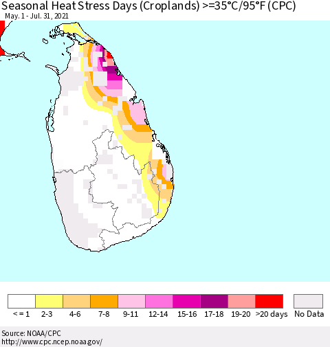Sri Lanka Seasonal Heat Stress Days (Croplands) >=35°C/95°F (CPC) Thematic Map For 5/1/2021 - 7/31/2021