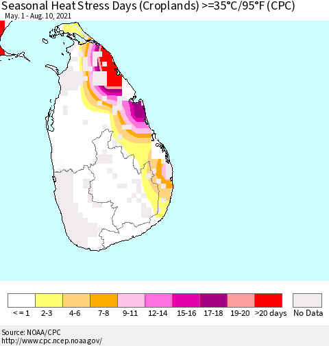 Sri Lanka Seasonal Heat Stress Days (Croplands) >=35°C/95°F (CPC) Thematic Map For 5/1/2021 - 8/10/2021