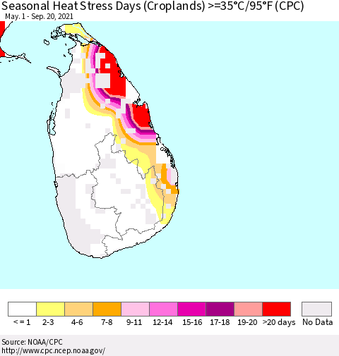 Sri Lanka Seasonal Heat Stress Days (Croplands) >=35°C/95°F (CPC) Thematic Map For 5/1/2021 - 9/20/2021