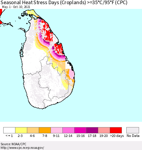 Sri Lanka Seasonal Heat Stress Days (Croplands) >=35°C/95°F (CPC) Thematic Map For 5/1/2021 - 10/10/2021