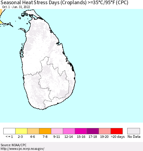 Sri Lanka Seasonal Heat Stress Days (Croplands) >=35°C/95°F (CPC) Thematic Map For 10/1/2021 - 1/31/2022