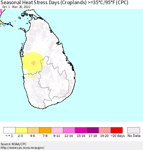 Sri Lanka Seasonal Heat Stress Days (Croplands) >=35°C/95°F (CPC) Thematic Map For 10/1/2021 - 3/20/2022