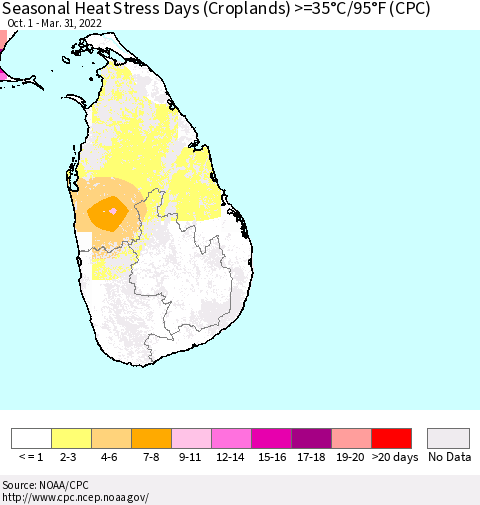 Sri Lanka Seasonal Heat Stress Days (Croplands) >=35°C/95°F (CPC) Thematic Map For 10/1/2021 - 3/31/2022
