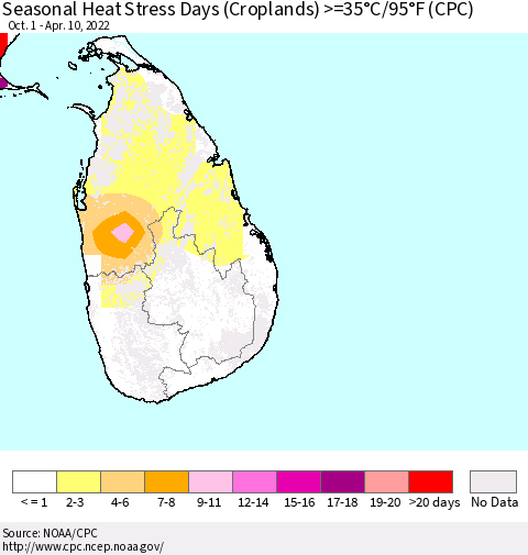 Sri Lanka Seasonal Heat Stress Days (Croplands) >=35°C/95°F (CPC) Thematic Map For 10/1/2021 - 4/10/2022