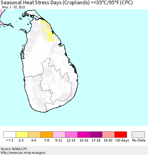 Sri Lanka Seasonal Heat Stress Days (Croplands) >=35°C/95°F (CPC) Thematic Map For 5/1/2022 - 5/10/2022