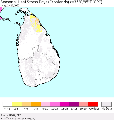 Sri Lanka Seasonal Heat Stress Days (Croplands) >=35°C/95°F (CPC) Thematic Map For 5/1/2022 - 5/20/2022